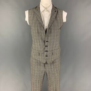 JOHN VARVATOS Size 36 Black White Glenplaid Wool Peak Lapel Vest Suit